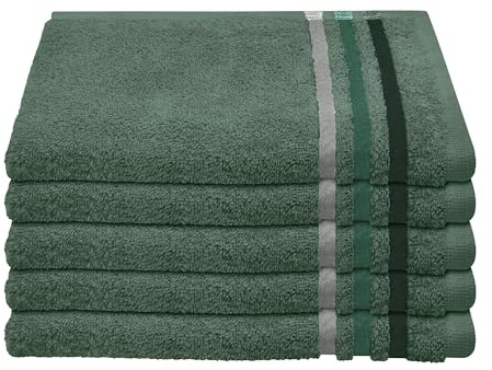 Schiesser Gästetuch | 5er Set | 100% Baumwolle | Dunkelgrün | Streifenbordüre | 30x50 cm | flauschig & saugstark | sorgfältig eingenähter Kordelaufhänger | OEKO-TEX® MADE IN GREEN