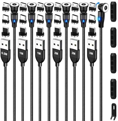 AXFEE Magnetisches Ladekabel, 540 Grad, 12 W, 3-in-1, Micro-USB, 1-polig, Ladekabel für Micro-USB, Typ C, kompatibel mit Samsung, i-phone, Huawei, Kindle, Laptop, 6 Stück