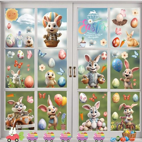 Shinybox Fensterdekoration Ostern, 9 Blätter Fensterbilder Ostern, Bunt Fensterbilder Ostern, Fenster Dekoration Ostern Wiederverwendbar Dekorationen, Fensterdekoration Hasen Küken Ostereie(A)