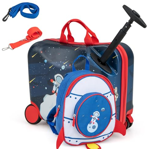 SOARS Juego de Maletas de Viaje Cabina para Niños, Trolley con Ruedas Correpasillo 40L, 18 Maleta con Ruedas + 12 Mochila Infantil con Asa y Correas Ajustables, Multifuncional (astronautas)