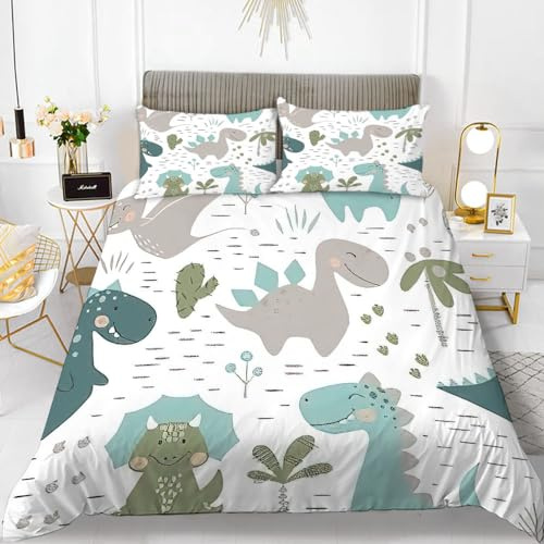 CTQTZ Dinosaure de Dessin Animé Housse de Couette 1 Personnes 140x200 Enfant Mignon Coloré Dino Parure de Lit en Microfibre avec Taie d'oreiller Dessin Animé Jungle Animaux Motif Ensemble de literie