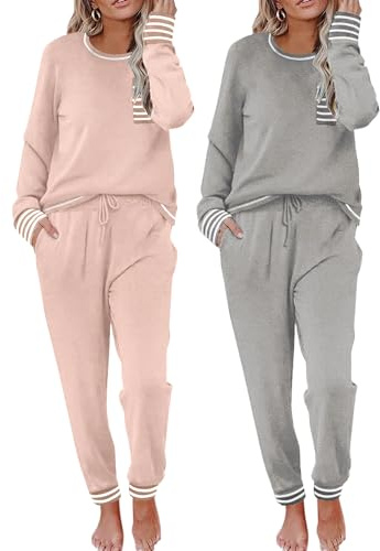 Ekouaer 2 Pack Womens Pajama Sets Long Sleeve Lounge Sets Soft Pj Sleepwear Loungewear Pink & Grey Medium