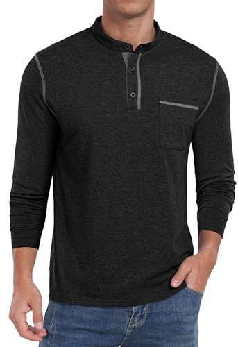 Sailwind Mens Henley Tshirt Cotton Classic Grandad T Shirt Summer Long Sleeve Running Mens Tops (Black, XXL)
