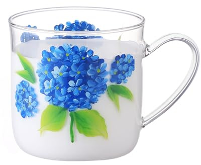 Cottea 12oz/350ml Hand Painted Glass Cups with Handle,Clear Glass Coffee Mugs,Tea Cup for Hot Beverages,Latte Glasses,1 Pack. (Hydrangea)