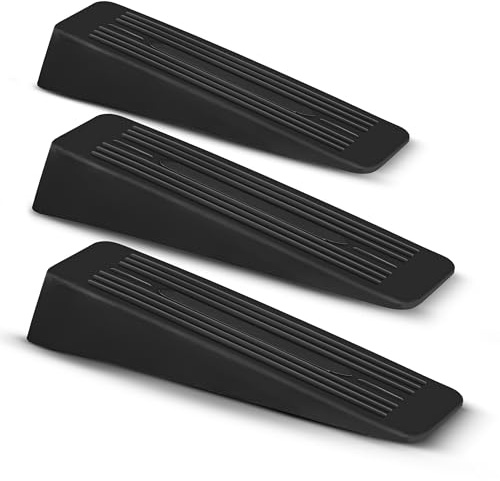 MSC Pack of 3 Rubber Door Stops for Multi Floor Surfaces- Heavy Duty Door Stop Wedge with Non-Slip, Durable & Flexible Design, Suitable for Many Surface Types, Prevents Slamming, Black3pc