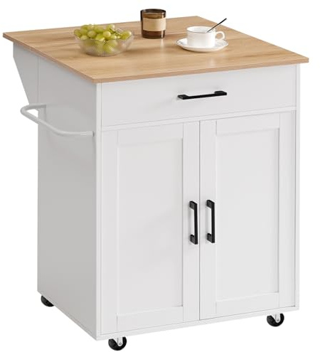 MAHANCRIS Kitchen Island on Wheels with Drop Leaf, Folding Countertop Kitchen Island Cart, Kitchen Island Table with Towel Rack, Drawer, for Kitchen, Dining Room, White and Natural KINW12501