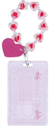 YOCDNOV 1pcs Badge Holder ID Badge Card Holder - mit Liebesarmband Fotokartenhalter Schlüsselanhänger für Schulbüro Id Zugangskarte(Vertikaler Kartenhalter + rosaroter Herzanhänger)