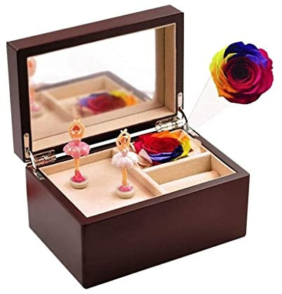 IWENZHKPA Spieluhr Handwerk Ballerina-Musik-Schmuckkästchen mit Eternal Flower Wooden Jewel Storage Case, individuelles Geschenk für Valentinstag Spieluhr Dekoration(A)