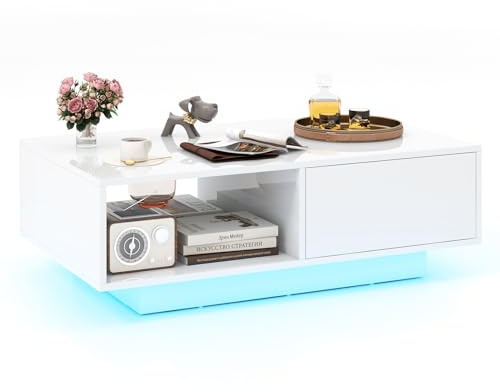 RELAX4LIFE Tavolino da Caffè Moderno 95x55x31cm, con 20 Luci LED Regolabili e Telecomando, in Legno con Finitura Lucida, Cassetto a Pressione e Ripiano Aperto, per Soggiorno, Max 65kg (Bianco)
