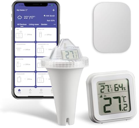 Termometro Piscina Galleggiante, con Display Digitale LCD Facile da Leggere, Termometro Wireless per Piscina con Monitoraggio App, Ricevitore Digitale per Temperatura Interna per Spa Acquari