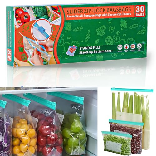 Reusable Ziplock Freezer Bags, Food Storage Bags，30 Pcs (3L) with Expandable Bottom,BPA Free Zip Seal Freezer Bags for Fruits, Vegetables, Meat, Grains