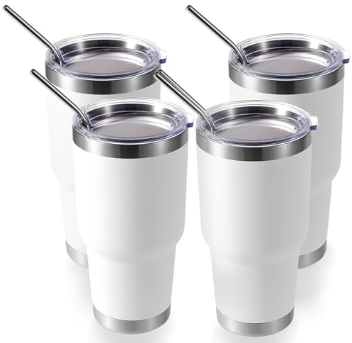 Volhoply 900 ml isoleringsmugg med lock och sugrör 4-pack, dubbelväggiga resekaffekoppar för varm/kalla drycker, passar i bilmugghållare, BPA-fri (vit, 4
