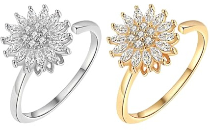Rainway Anxiety - 2 anneaux ouverts réglables pour soulager le stress, bague pour le pouce, pour crises de panique, tournesol, zircons, bagues d'humeur unisexes
