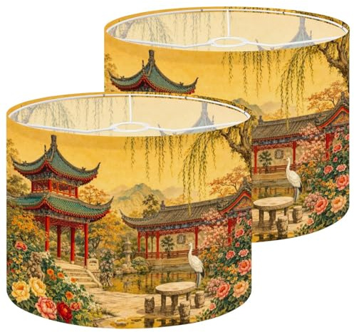 Lamp Shades Set of 2 Traditional Chinese Garden Pavilion Landscape Crane Lotus Pond Autumn Drum Lampshades for Table Lamps Floor Lamps Pendant Light 13x13x10 Replacement Lamp Shade Easy Assembly