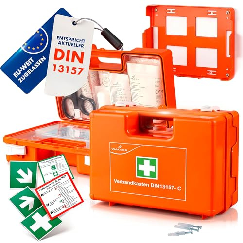 WALSER Kit de premiers secours selon la norme DIN 13157:2021, boîte de premiers secours 2026 avec support mural, 84 pièces, boîte de premiers secours pour les entreprises jusqu'à 50 personnes, trousse