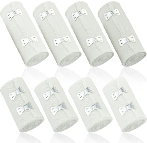 8 vendajes elásticos, venda elastica, vendajes elásticos con clips metálicos, reutilizables, 7.5 cm × 4.5 m y 10 cm × 4.5 m, blancos, para muñecas, tobillos, rodillas y hombros