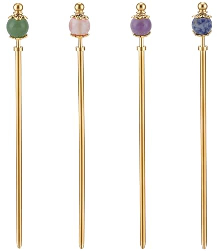 CRAFTYMELODY 4Pcs Natural Gemstone Crown Oval Hair Stick 4 Styles Mixed Stone Hairpins Vintage Hair Chopsticks for Women Brides Barrel Elegant Decorative Jewelry Accessories Hair Styling Gifts