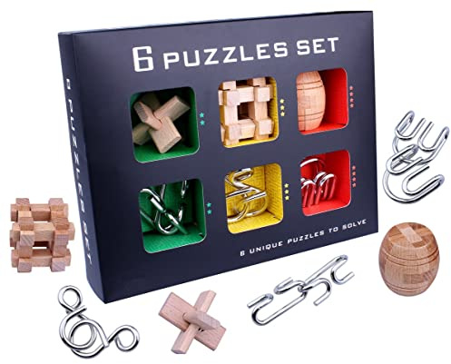 Chonor 6 en 1 Cubo Rompecabezas 3D de Madera del Enigma Juego Puzle de Alambre de Metal - Clásica de Cerradura de Brain Teaser Puzzle IQ Juguetes para Niños y Adultos - Idea Perfecta del Regalo