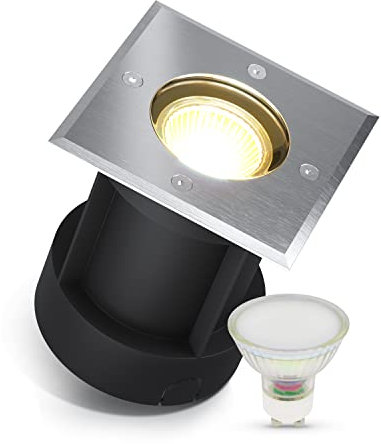 lambado® LED Bodeneinbaustrahler für Aussen IP67 - Wasserdicht & Befahrbar inkl. 3W 230V GU10 Strahler warmweiss - Eckiger Bodenstrahler/Bodenleuchte aus Edelstahl für Terrasse & Garten