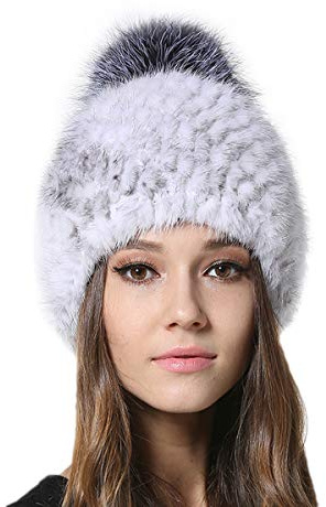 KAISHIN Cappelli con Pompon in Pelliccia di Visone a Righe Invernali da Donna Cappellini in Vera Pelliccia di Volpe Argentata (Bianco Grigio)