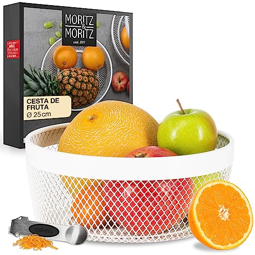 Moritz & Moritz Obstschale Metall weiß Ø 25 cm Obstkorb modern | Drahtkorb pulverbeschichtet mit 4 in 1 Zitrusschäler aus Edelstahl, für Obst, Gemüse und Brot, Höhe 11 cm