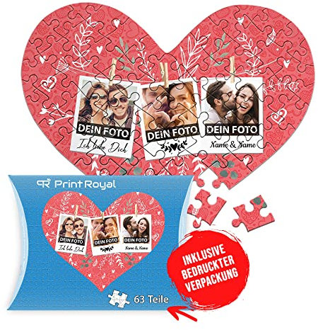 Foto-Puzzle selbst gestalten - Ich Liebe Dich - mit 3 Fotos & Namen Bedrucken - Herz-Puzzle Personalisieren - Geschenk zu Valentinstag, Jahrestag - 63 Teile inkl. Kartonverpackung