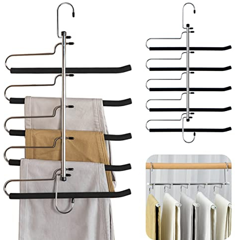 Space Saving Pants Hangers Heavy Duty Magic Slacks Jeans Trouser Hanger, Non-Slip Foam Padded 5 Layers, Multi-Purpose Premium Metal Closet Storage Organizer for Scarf and Ties Leggings (2 Pack)