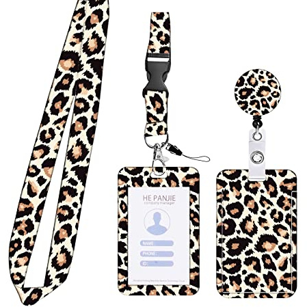 JKDHJK korthållare ID-kort, utdragbar ID-korthållare, ID-fodral med band, busskort fodral elev, lämplig för kvinnor, lärare, sjuksköterskor, läkare, studenter (leopardmönster)