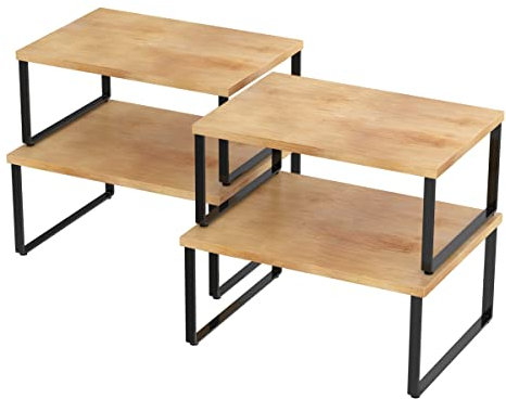 COVAODQ Gewürzregal, 4er-Set Falten und Erweiterbar Küchenregal Organizer, Regaleinsatz im Küchenschrank, 19.5 x 29.5 x 15.5 cm, aus Bambus und Metall