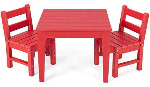 GOPLUS 3 TLG Tisch Stuhlset, Kindertisch Lerntisch Set aus Holz, mit 2 Stühlen mit Rückenlehnen zum Malen Lesen Essen für Kleinkinder, Kindermöbelset für Outdoor Kinderzimmer (Rot, Tisch + 2 Stühle)