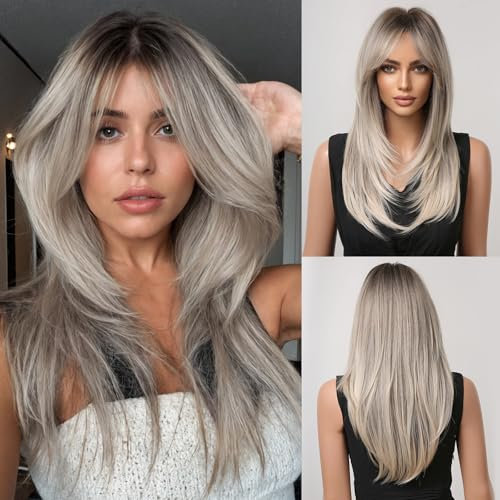 Allbell Perücken Blond für Frauen Langgeschichtige Perücken mit Bangs Hitzebeständiges Haar