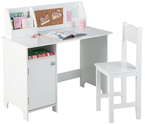 COSTWAY Juego de Mesa y Silla Infantil de Madera, Mesa de Estudio con Silla, Estantería Superior, Librería, Armario y Tablero de Corcho, Escritorio Infantil de Trabajo para Niños 3+ Años (Blanco)