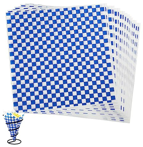 Food Grade Wrap Paper, 100 Sheets Greaseproof Paper Sheets, Oil-Proof Wrapping Wax Tissue, Waterproof Checkered Burger Paper for Deli Sandwich Cakes Cheese(28 x 26 cm, Blue)
