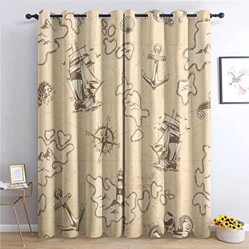 THYUNQ Vorhänge Maritime Motiv, Vorhang Blickdicht Verdunklungsvorhänge Thermovorhang mit Ösen, Gardinen Wohnzimmer Schlafzimmer Fenster, 2er Set Curtains, H 137 x B 117 cm