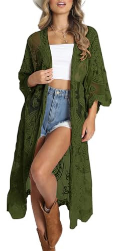 Bsubseach Damen Mesh Lace Beach Kimono Cardigan Open Front Strandponcho Bademode E-Dunkel Grün