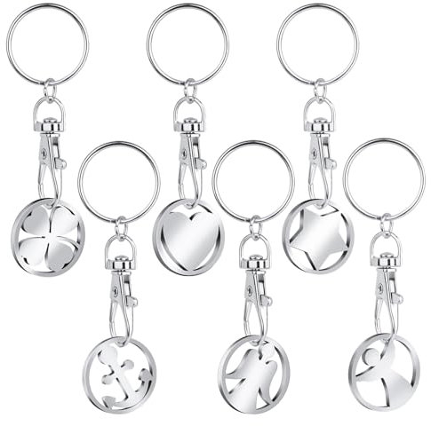 ACIELANNA 6 Stück Einkaufswagenchip, Schlüsselanhänger mit Einkaufschip und Karabinerhaken, Abziehbarer Einkaufswagenlöser Silbrig