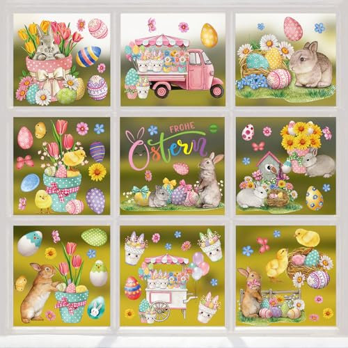 Oemmn 9 Blätter Fenstersticker Ostern Selbstklebend Fensterdekoration Ostern mit Hasen Ostereier Küken, Fenster Aufkleber Dekorationen Wiederverwendbar für Ostern