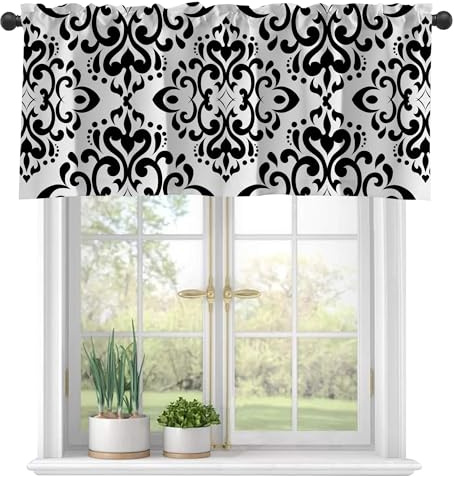 Vintage Black Flowers Semi Sheer Curtains, Rod Pocket Short Window Treatment - Light Filtering Decor for Kitchen, Living Room, Bedroom Windows - 42x18
