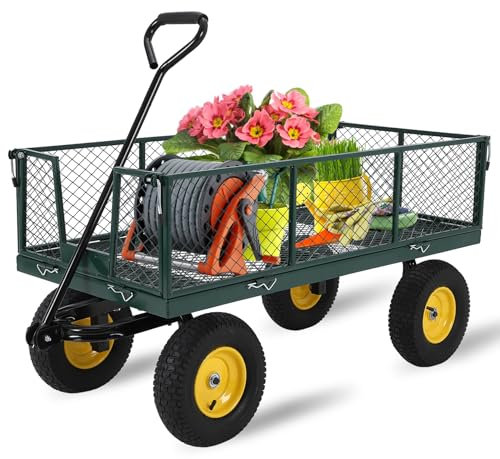GarveeLife Gartenwagen auf Rädern, 680 kg Kapazität, robuster Vollstahl-Nutzwagen, vielseitiger Flachbettwagen mit abnehmbaren Netzseiten, 180° drehbarer Griff, geeignet für Garten, Rasen, Hof