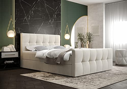 PAMIR24 Boxspringbett mit 2 Bonell-Federkernmatratzen H3-2 Bettkästen - Polsterbett inkl. Schaumstoff-Topper und Kopfteil HAN (Creme - 180x200cm)