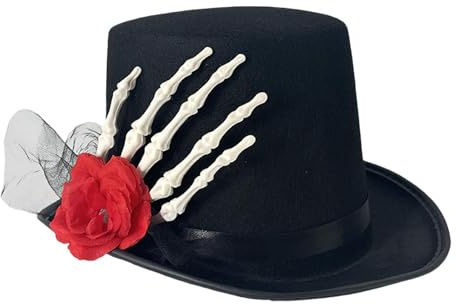 F Fityle Cappello a Cilindro di Halloween Cappello a Cilindro Gotico Nero Scheletro per Travestimenti di Carnevale in Maschera, Mano Diagonale
