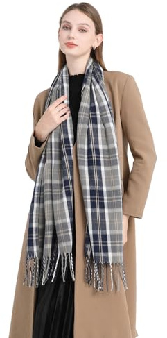 Damen Karierter Pashmina Schal – Weicher, Warmer Winterschal mit Quasten Oversize Plaid Stola & Kuscheliger Wrap für Herbst & Winter, Elegantes Geschenk für Frauen (Marine)