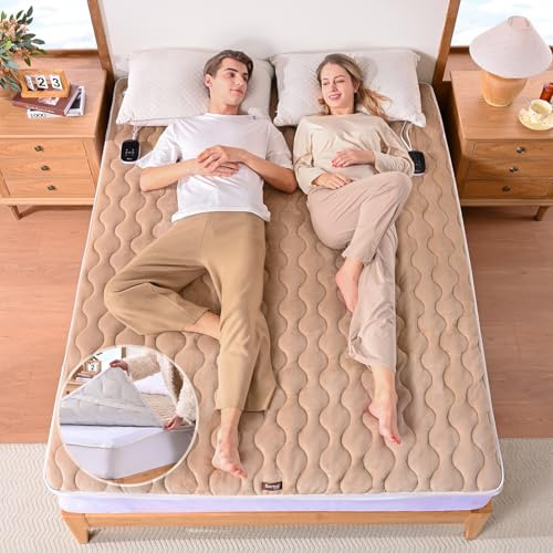 Heated Mattress Pad Queen Size 60x80 with Zippered Detachable Cover, Dual Control Electric Bed Warmer Machine Washable with 10 Heat Settings & 12H Auto Off Winter Essentials