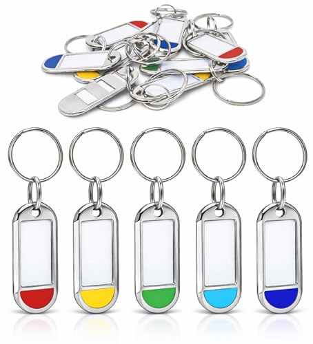 Portes-clés Métalliques avec Étiquette à Écrire, Multicolore, 10 pièces | Set 5 Couleurs, Étiquette Amovible Protégée, Durable & Réutilisable, Idéal Clés, Bagages, Maison, Bureau, Hôtel