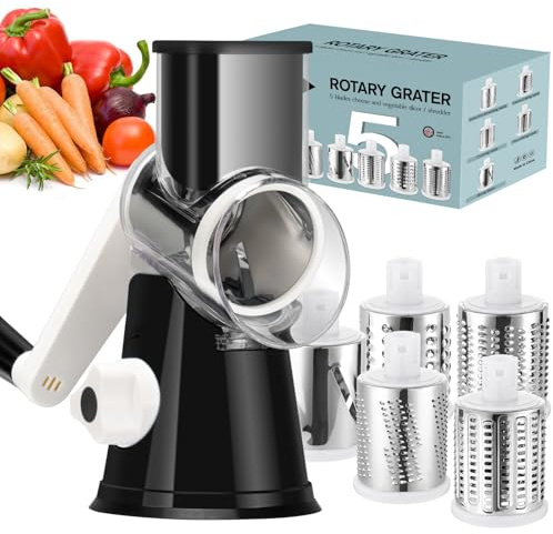 Ourokhome Rotary Cheese Grater Hand Crank, Kitchen Shredder Speed Mandolin Slicer Ice Shaver with Handle and Drum Blades for Cheese, Vegetable, Nuts, Chocolate, Potato, Carrot, 5 Blades, Black