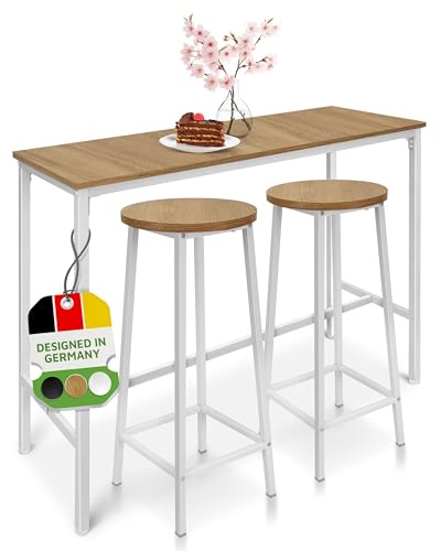 BeFair Bartisch Set Eiche und Weiß - Stehtisch mit 2 Barhockern - Hochtisch mit Barstühlen - Tisch 120x40x100 cm, Hocker 70 cm Höhe für Küche