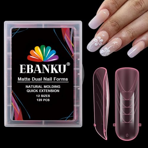 EBANKU 120PCS Pink Matt Heltäckning Dubbla Nagelformar Round Curved System Fyrkantig Nagelform Nagelförlängningsspetsar Nail Art Manikyrverktyg