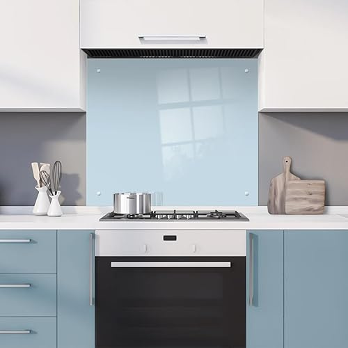 Pale Blue Glass Kitchen Splashback Splatter Screen 6mm Toughened Polished Edge Glass Fittings Included (60 x 80cm)