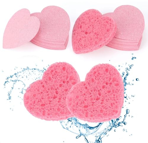 80 Pcs Éponges Visage Comprimées en Forme de Cœur, Eponge Visage Nettoyant en Cellulose Douce pour Nettoyage, Exfoliation et Démaquillage