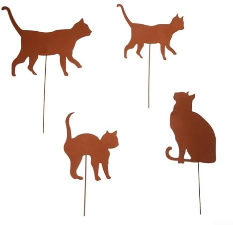 Charmants chats rouillés pour décoration de jardin, piquets en métal résistants aux intempéries en lot de 3 ou 4 pour parterres de fleurs et balcons (4 chats)
